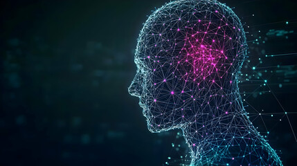 A 3D Rendering of a Human Head Formed by Glowing Particles on a Dark Background Showing a Central Pink Light in Profile