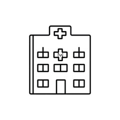 Obraz premium Hospital Outline Icon, Black and White Facade with a Medical Cross at the Top