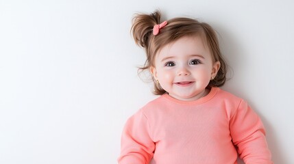 Naklejka premium Happy toddler girl in coral sweater white background stock photo