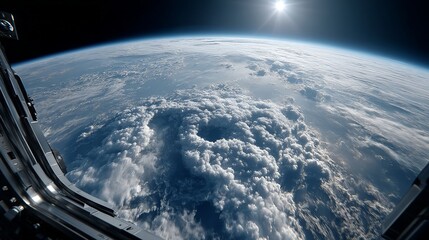 Earth's breathtaking curvature viewed from space, showcasing a vast expanse of clouds and the sun's radiant glow
