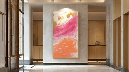 Vertical abstract painting featuring soft pink and orange hues.