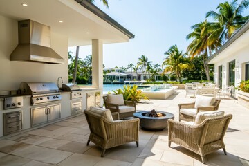 Obraz premium Outdoor luxury patio with modern kitchen, elegant seating, and tropical poolside ambiance.