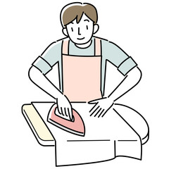 アイロンをかけるエプロンを着けた男性