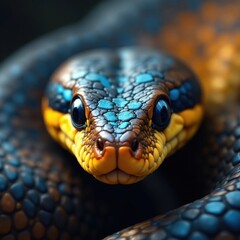 Fototapeta premium Snake's scaly face with vibrant blue markings and piercing gaze, venomous, scale, closeup