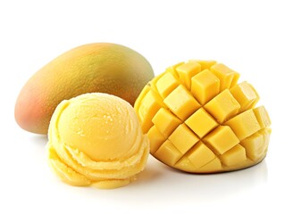 A ripe mango fruit alongside a scoop of mango sorbet and a diced mango half on a white background.