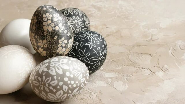 Elegant decorative eggs featuring floral patterns in white, gray, and black are arranged on textured surface, creating artistic display perfect for Easter decoration and spring theme.