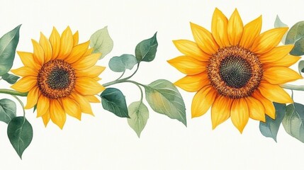 Naklejka premium Beautiful dense watercolor sunflower illustration in botanical style, high-resolution clean layout, yellow and green tones