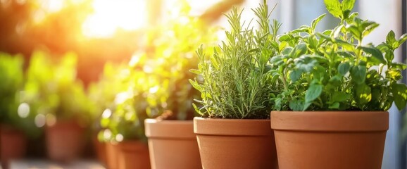 Potted herbs in sunlight organic garden fresh green indoor plants