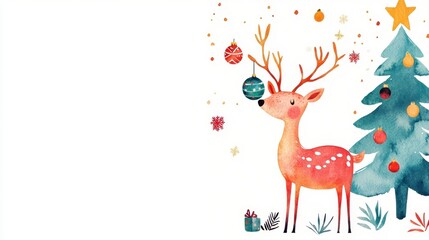 Fototapeta premium Chubby little watercolor deer balancing ornaments in hooves near a half-decorated Christmas tree, white backdrop 
