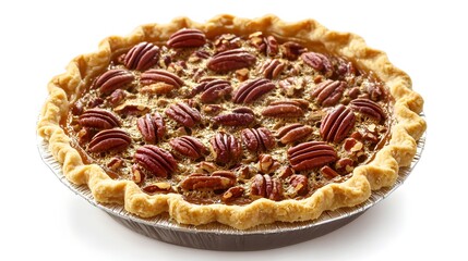 A delicious homemade pecan pie with a flaky crust and abundant pecans is ready to serve for Thanksgiving.