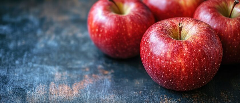 Several vibrant red apples are arranged on an abstract painted background with cool and warm color variations