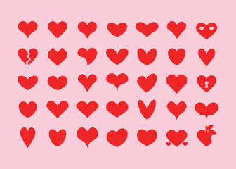 Complete cute red silhouette and isolated different assorted heart shapes icons design element set on pink background poster