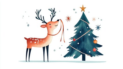 Cute little deer in watercolor style wrapping tinsel around a Christmas tree, smiling sweetly, isolated on white 