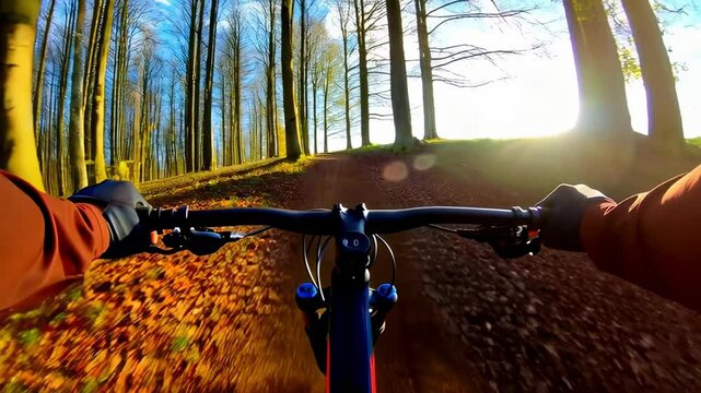 Vue subjective en VTT sur sentier forestier au coucher du soleil &ndash; exp&eacute;rience immersive et naturelle de sport &agrave; la premi&egrave;re personne