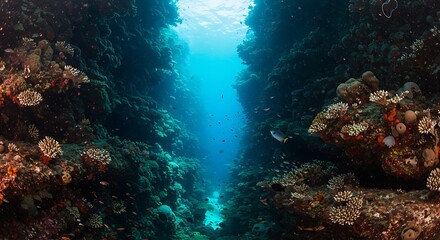Obraz premium Diving Through Underwater Canyon with Tropical Fish and Coral Reef
