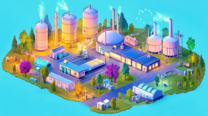 Naklejka premium Eco-fantasy biogas plant in 3D isometric style, bright futuristic digesters, glowing energy, light blue backdrop 