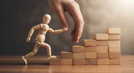 Wooden Figurine Ascending Wooden Blocks: A Guiding Hand, Warm Artistic Image