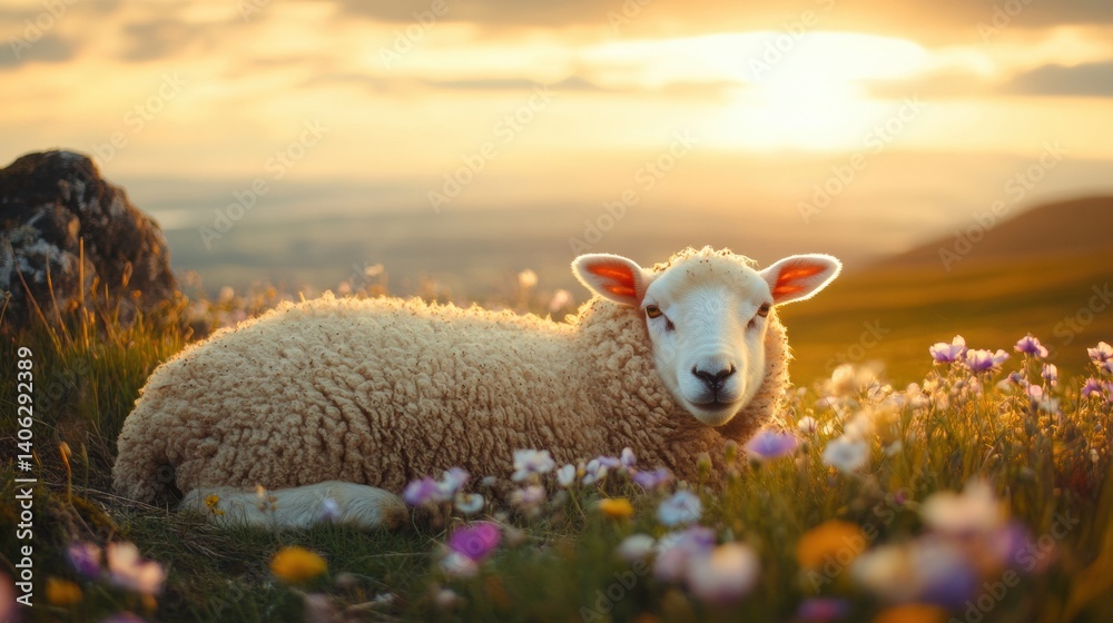 Poster soft sheep resting on a hill under a colorful floral sky in lapki during springtime