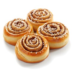Fototapeta premium Four delicious golden brown cinnamon rolls with icing sugar topping are arranged on a white background for a bakery advertisement.