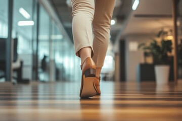 low angle close up of a businesswomen walking in the office hallway