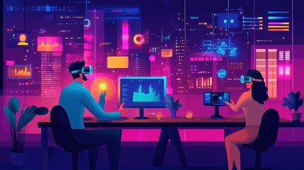 Illustration of professionals using VR and AI to network in virtual space, high-tech business environment with glowing 