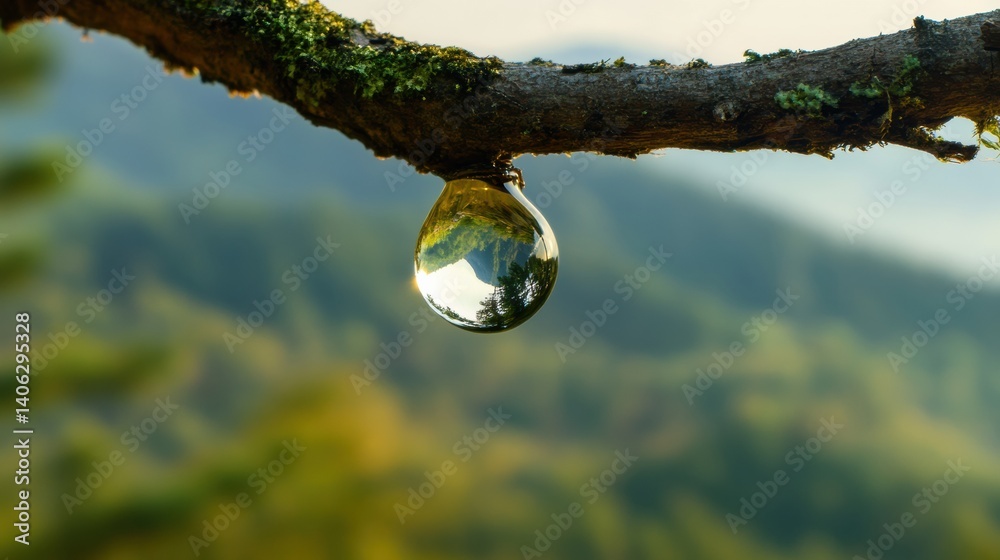 Poster transparent droplet capturing a mountain and forest reflection in detailed macro nature view at sunr