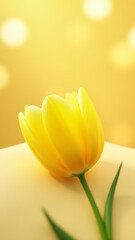 Fototapeta premium A sunny yellow tulip with smooth petals and dewdrops glows against a yellow-cream bokeh background. Joyful, serene, and elegantly ethereal.
