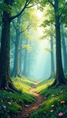 Misty forest landscape with soft focus and subtle watercolor effects, nature, tranquil