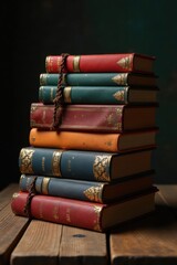 Colorful stack of books with leather-bound covers and gold accents, surrounded by a rustic wooden table , desk, manuscripts