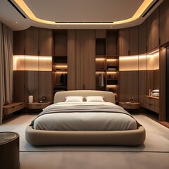 Modern Bedroom with Contoured Bed and Built-in Closet Space