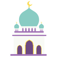 Flat style illustration of a mosque with a purple background and light blue dome. Perfect for Ramadan, Eid, Islamic education materials, or religious-themed design projects.