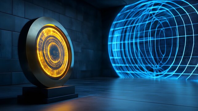 A futuristic circular interface with a glowing blue grid in a dark room