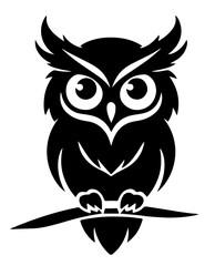 Black silhouette of an owl perched on a branch, with sharp features, wisdom and mystery.
