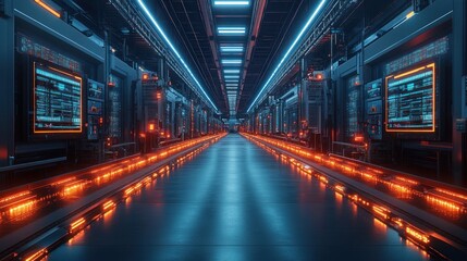 Fototapeta premium Futuristic Server Room: Neon Lights and Digital Displays