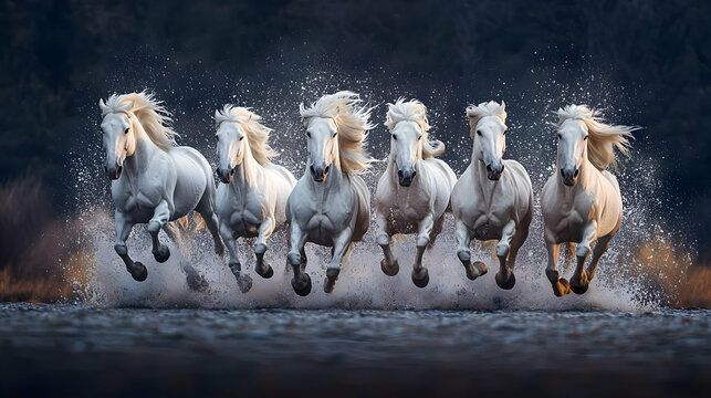 Seven White Horses Galloping Through Shallow Water with Splashing Spray in a Dramatic Landscape