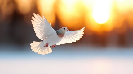 Fototapeta premium White dove in flight at sunset over snow