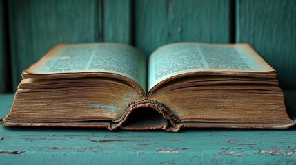 Obraz premium An open old book sits on blue wooden planks. Aged pages and weathered texture bring a sense of history