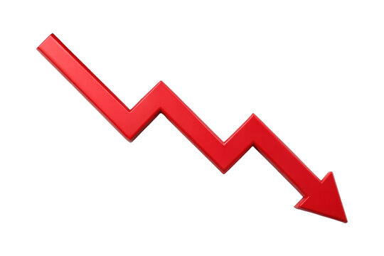 Red  downward arrow graph isolated on transparent background. Png
