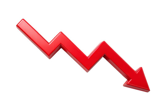 Red  downward arrow graph isolated on transparent background. Png