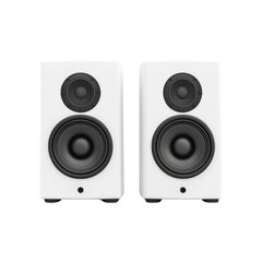 Fototapeta premium Innovative audio experience white speakers in a contemporary home studio setup