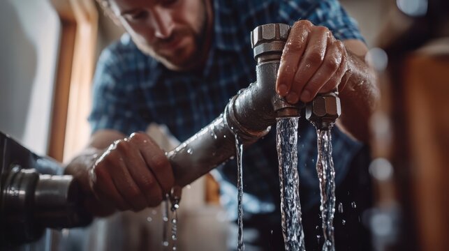 Plumber fixing a leaking pipe in a basement. Featuring plumbing repair