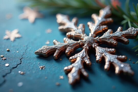 Intricate snowflake ornament with metallic accents , snowy, holiday, sparkly