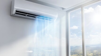 Inverter air conditioner installed above a large window with natural light streaming into the room