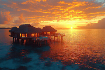 A sunset over the ocean with a small house on a pier