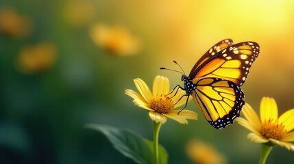 Fototapeta premium A vibrant butterfly with striking orange and black patterns delicately rests on a sunny yellow flower, surrounded by a soft-focus backdrop of additional blossoms in a garden setting.