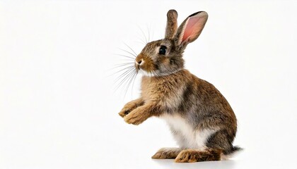 Obraz premium The funny rabbit is standing on its hind legs white background