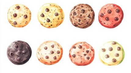 Obraz premium Colorful Variety of Delicious Chocolate Chip Cookies on a White Background