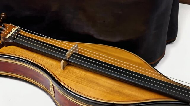 Close-up view of historic Pardessus de Viole instrument with wood grain detail, rich varnishes, and black trim under soft light.
