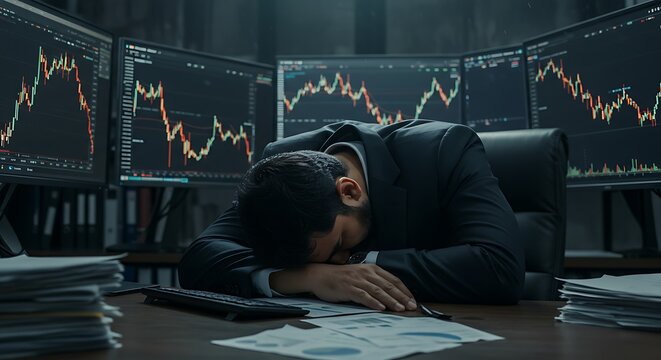 Man Sleeping at Desk with Stock Market Charts