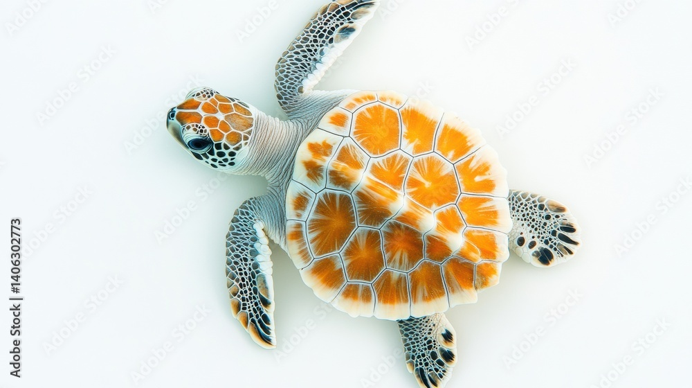 Poster Colorful turtle with intricate shell patterns captured from above on a minimalist background
